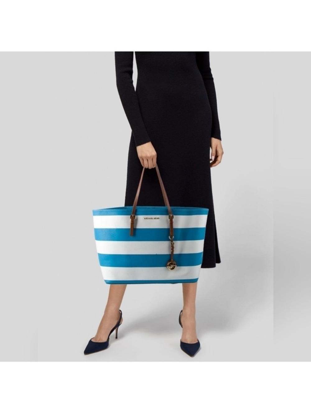 Michael Kors Blue/White Saffiano Leather Stripe Travel Tote Jet Set
